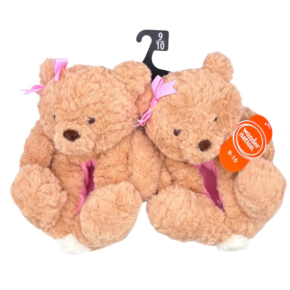 Wonder Nation Toddler Girls‎ Teddy Bear Slippers Size 9-10 Plush Pink Bow NWT
